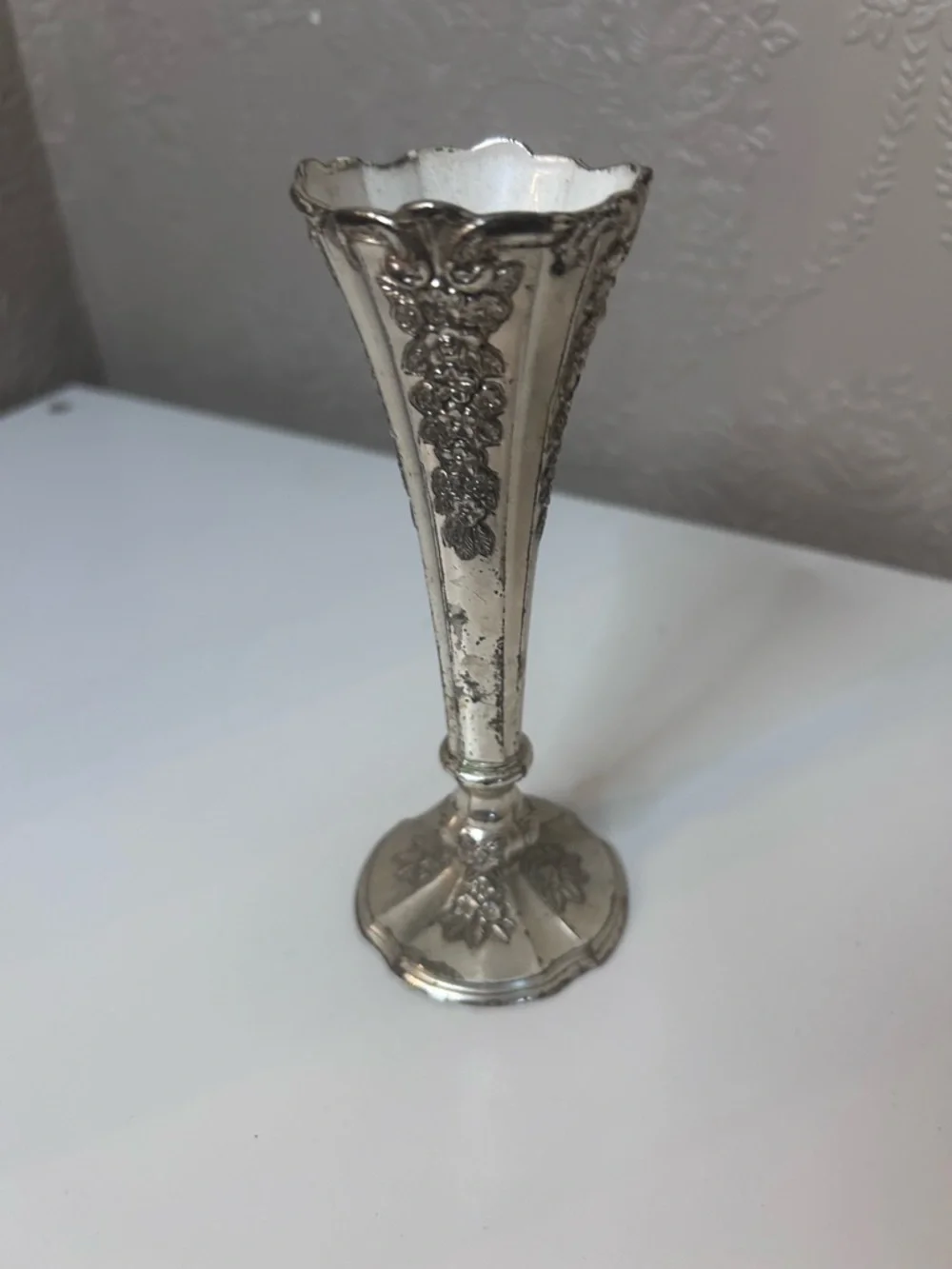 Vintage Silver Floral Bud Vase Vintage Silver Vase with White Porcelain Interior - Picture 2 of 5